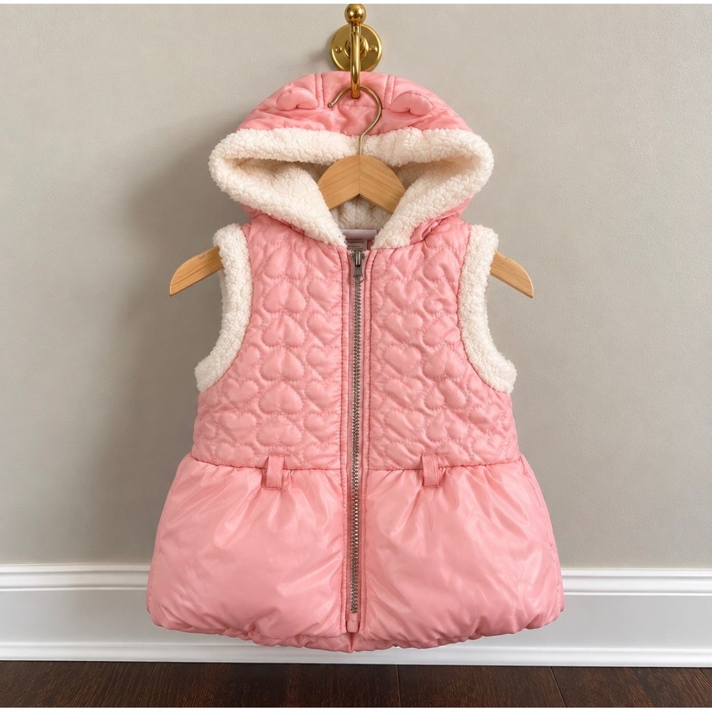 Little Lass Girls Pink Heart Quilted Puffer Vest Hooded Faux Fur Trim Size 5